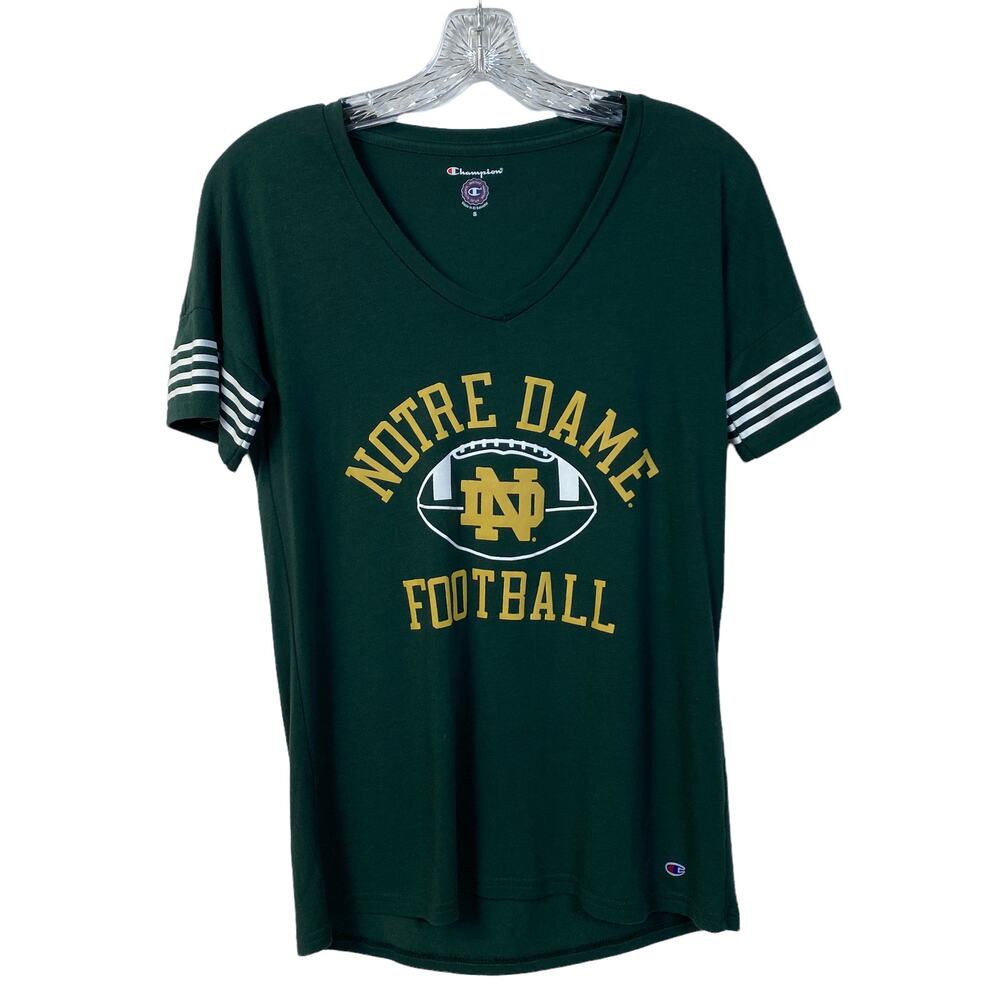 Women's S NOTRE DAME Football V-Neck T-Shirt CHAMPION Short Sleeve Green Gold